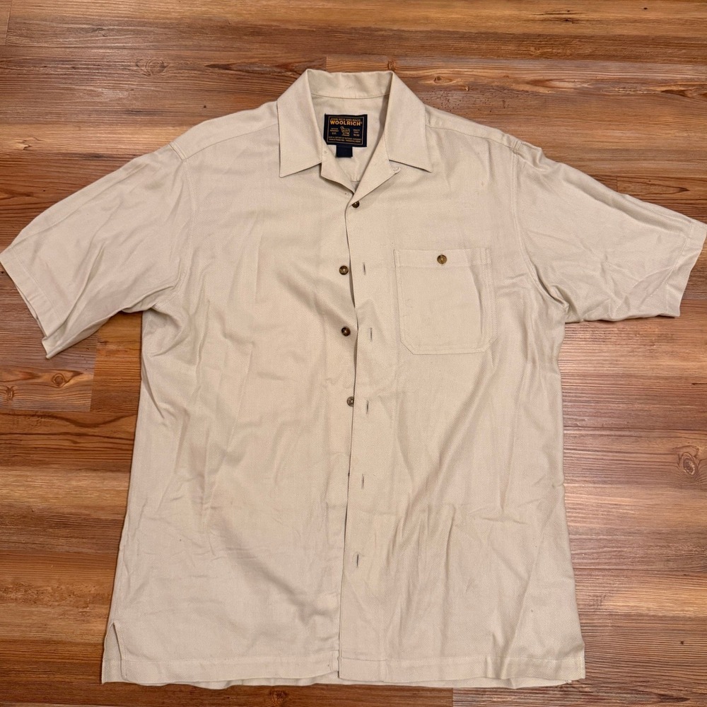 Woolrich John Rich & Bros Mens Tan Short Sleeve Camp Collar Button Down Shirt XL